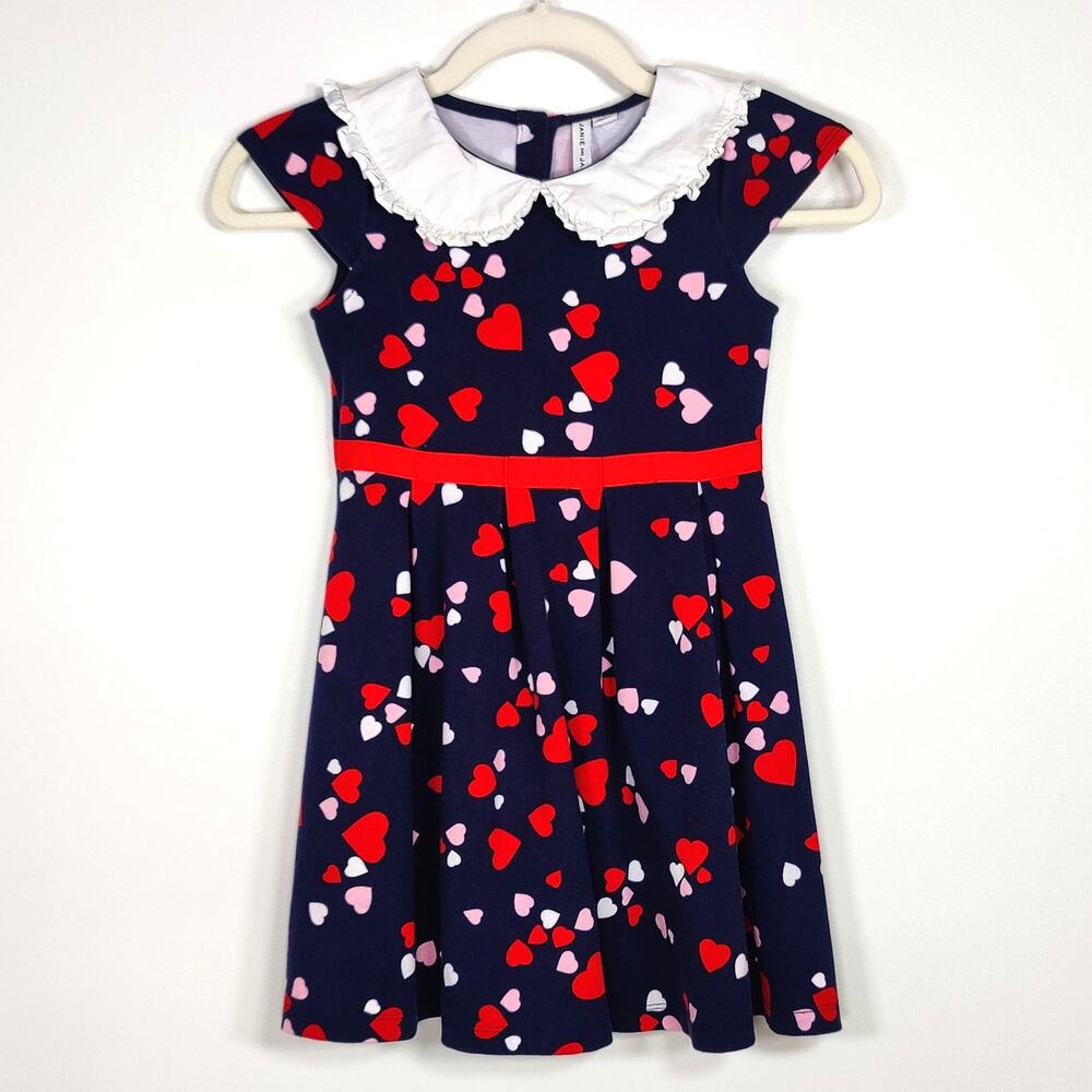 Janie and Jack Navy Heart Print Dress White Collar Bow Girls 6